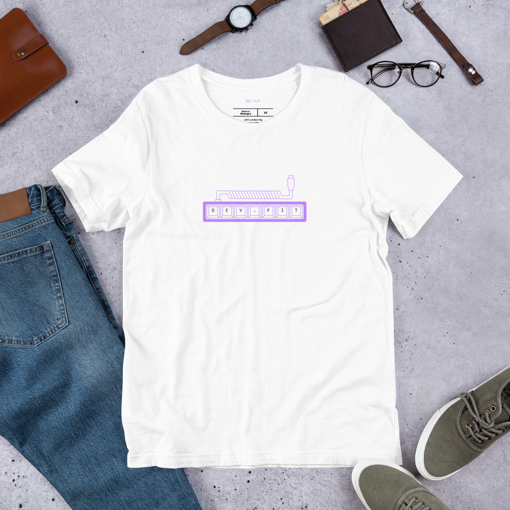 DEV.FIT Macro Pad Logo in Light Purple on a Unisex T-Shirt